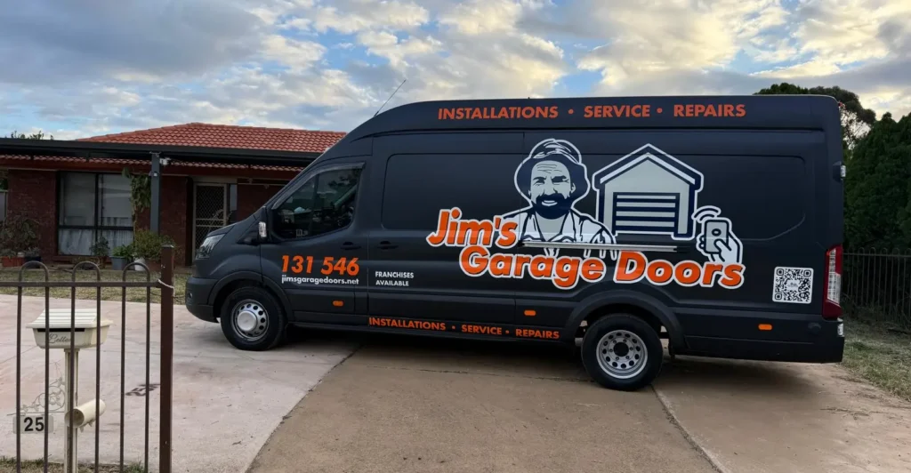 Jim’s Garage Doors service vehicle for automatic garage door repairs and installation