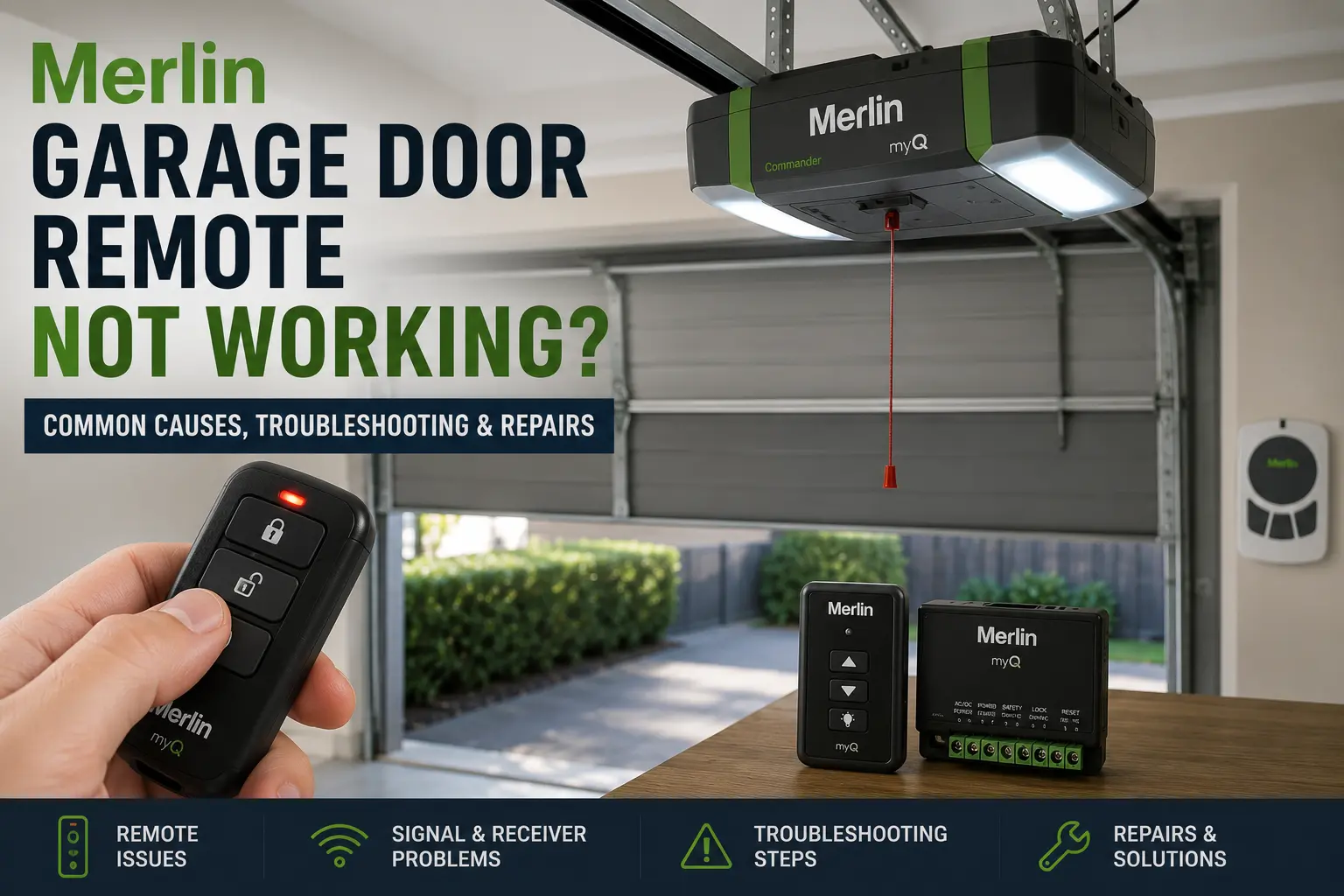 Common causes of a Merlin garage door remote not working, including remote, receiver and opener troubleshooting.