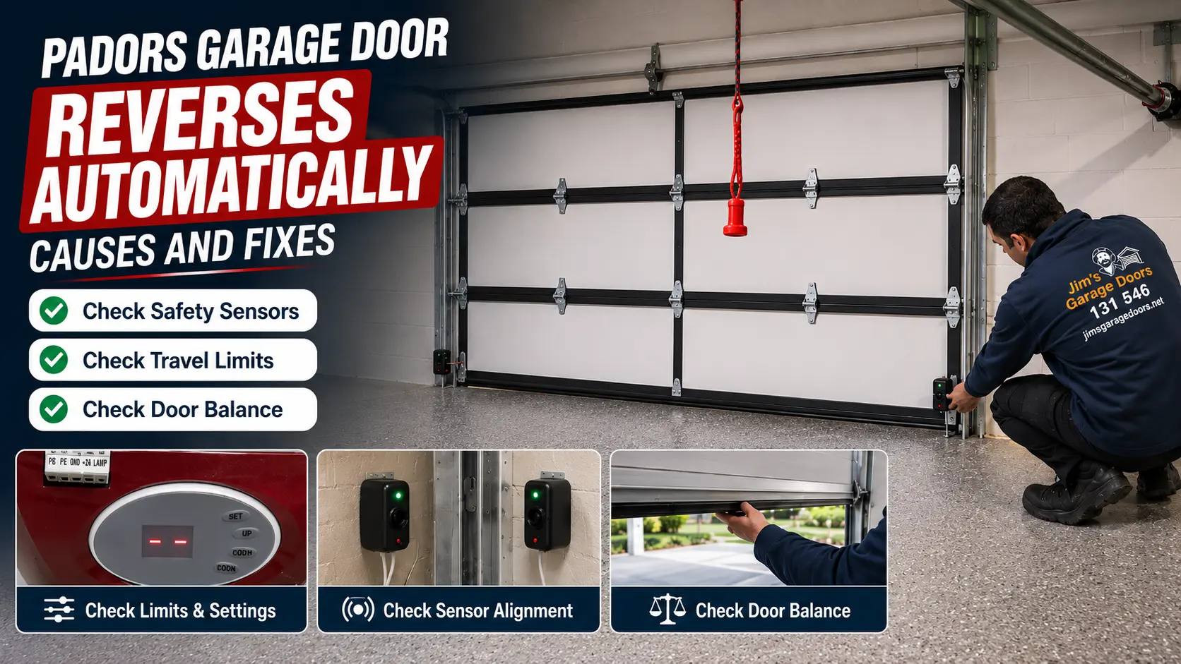 Padors garage door reversal troubleshooting with safety sensor, travel limit and door balance checks