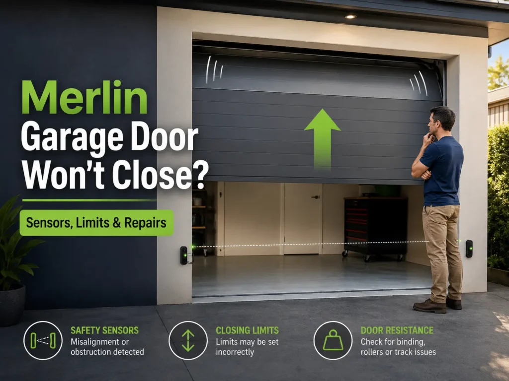 Merlin garage door reversing before closing with safety sensors visible