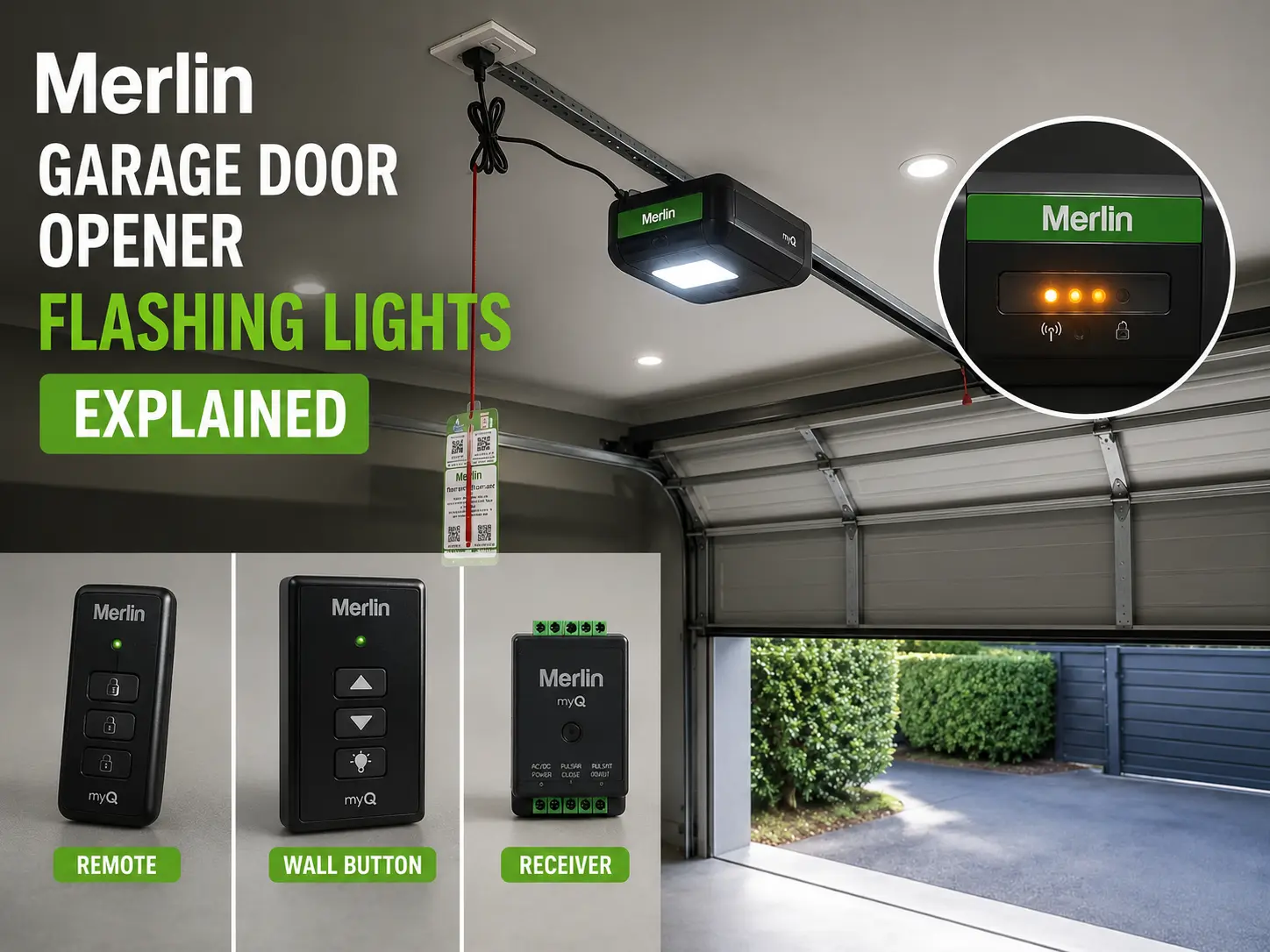 Merlin garage door opener flashing lights explained with opener, remote, wall control and receiver in a residential garage
